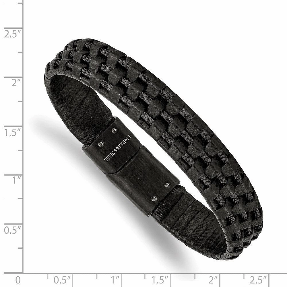 Stainless Steel Brushed and Polished Black IP Leather and Wire Bracelet