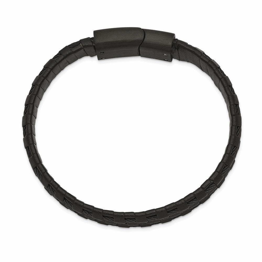 Stainless Steel Brushed and Polished Black IP Leather and Wire Bracelet