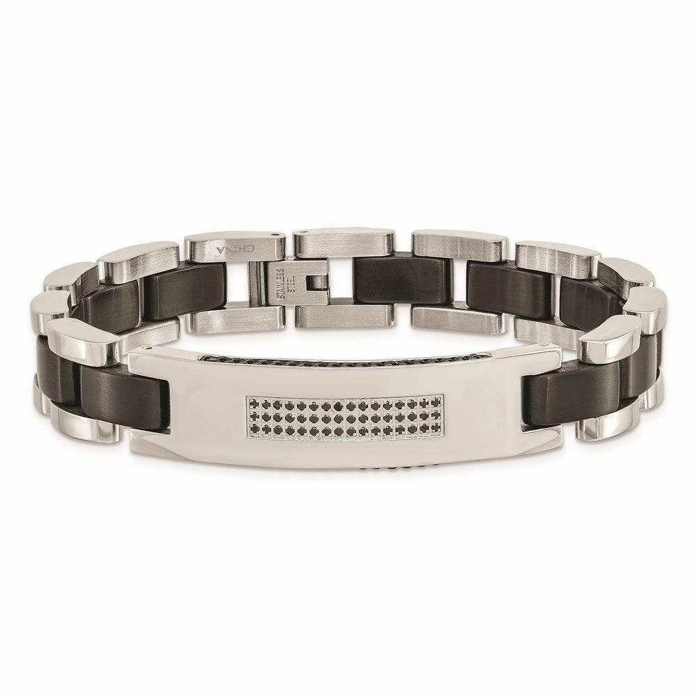 Stainless Steel Brushed and Polished Black IP-plated and CZ Bracelet