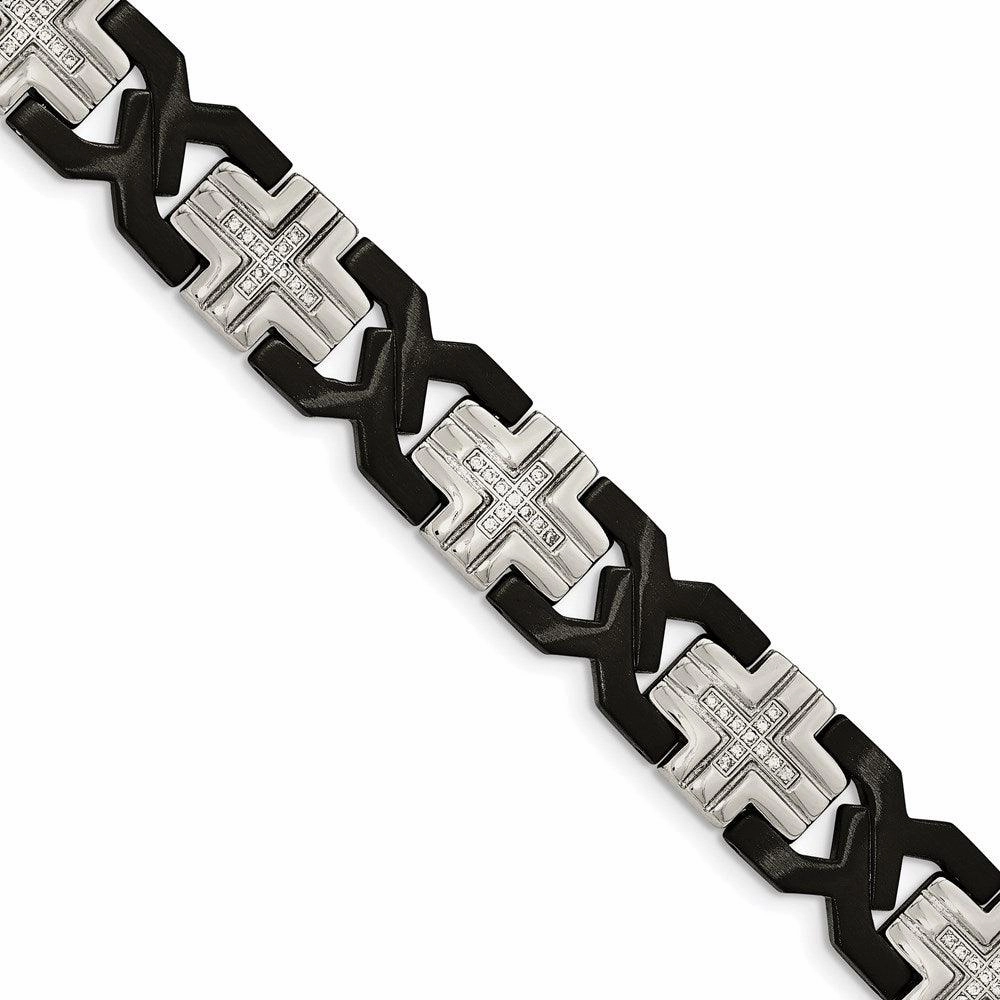 Stainless Steel Brushed and Polished Black IP-plated w/ CZ Bracelet
