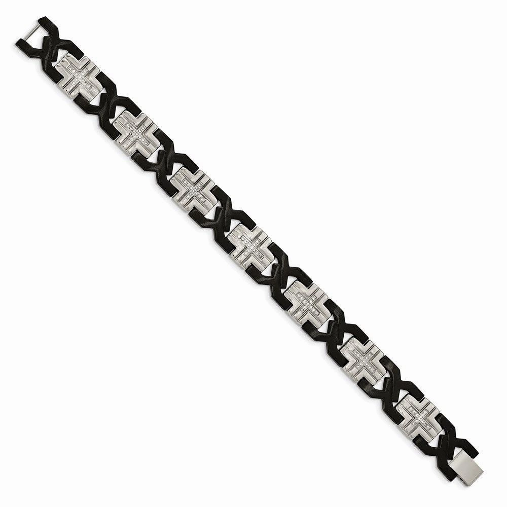 Stainless Steel Brushed and Polished Black IP-plated w/ CZ Bracelet