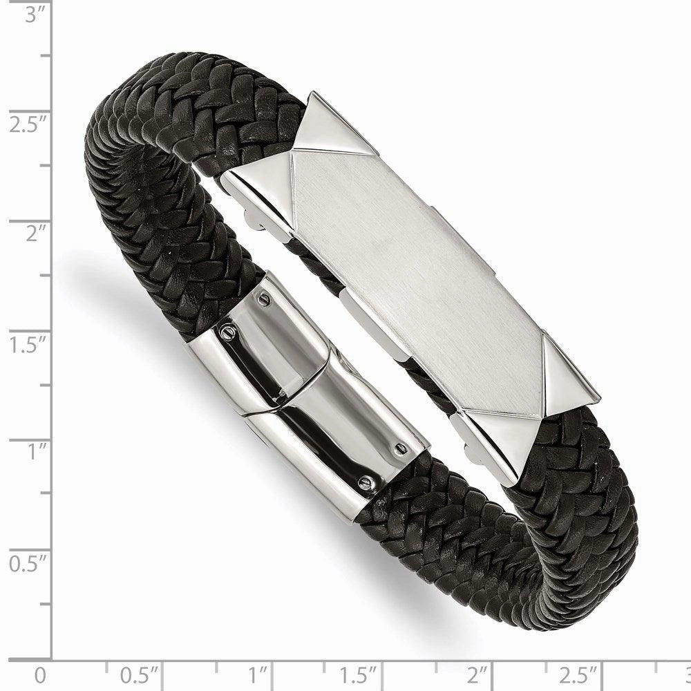 Stainless Steel Brushed and Polished Black Leather 8.5in ID Bracelet