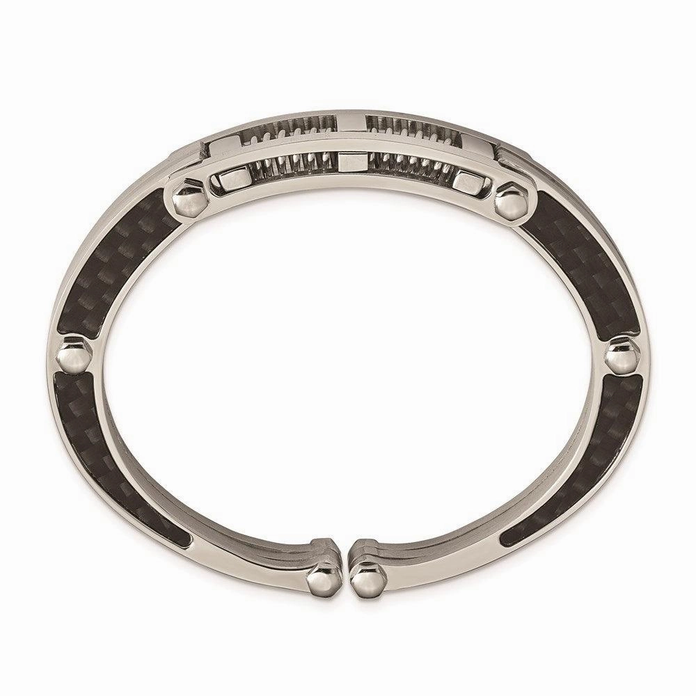 Stainless Steel Brushed and Polished Carbon Fiber Inlay Hinged Bangle