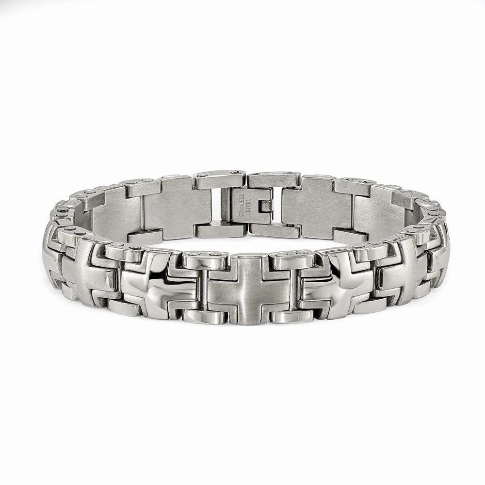 Stainless Steel Brushed and Polished Cross 8.25in Heavy Link Bracelet