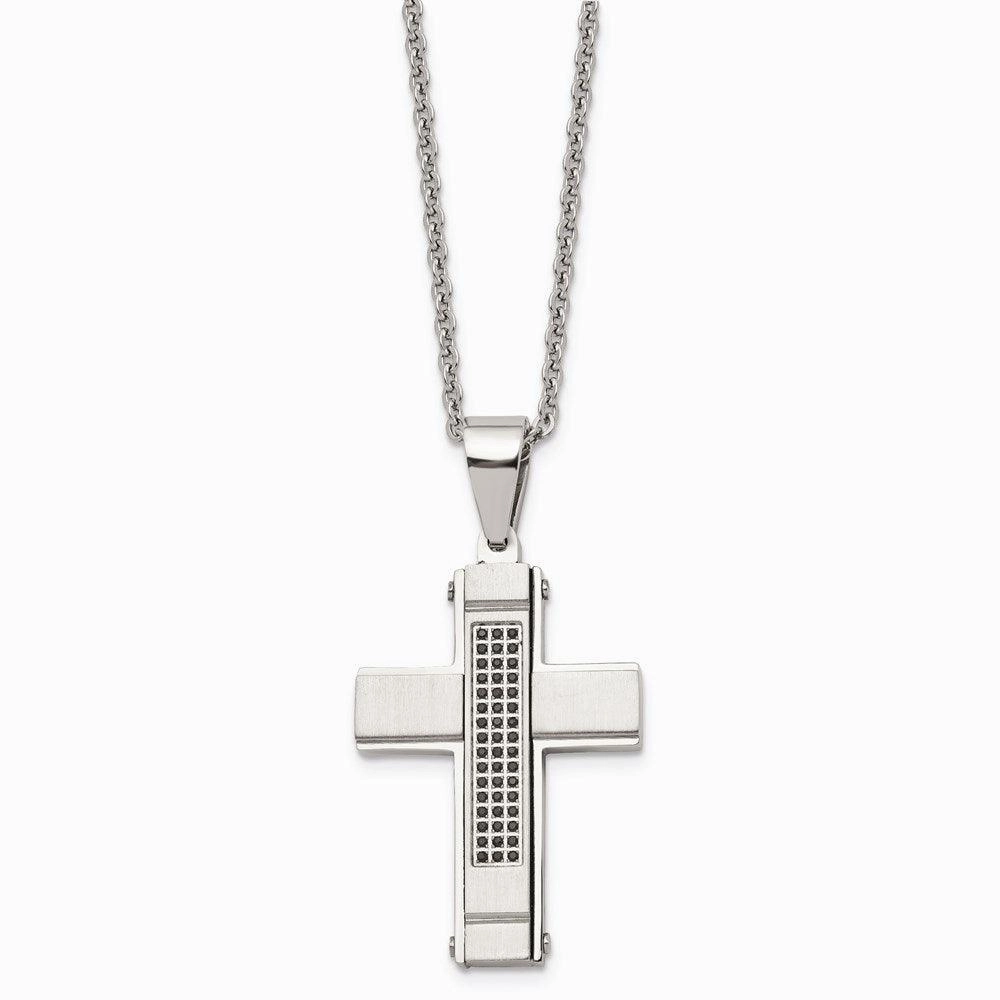 Stainless Steel Brushed and Polished w/ Black CZ Cross Necklace