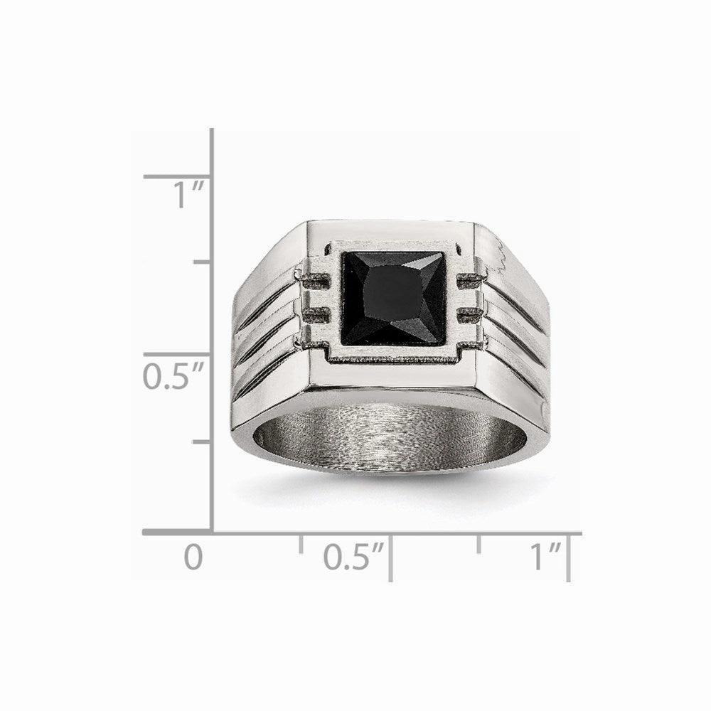 Stainless Steel Brushed and Polished w/ Black CZ Ring