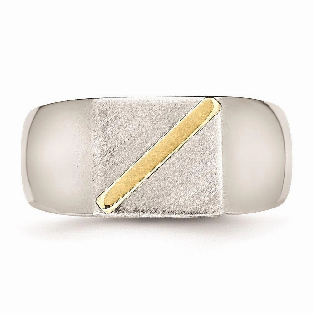 Stainless Steel Brushed and Polished with 14K Gold Stripe Signet Ring