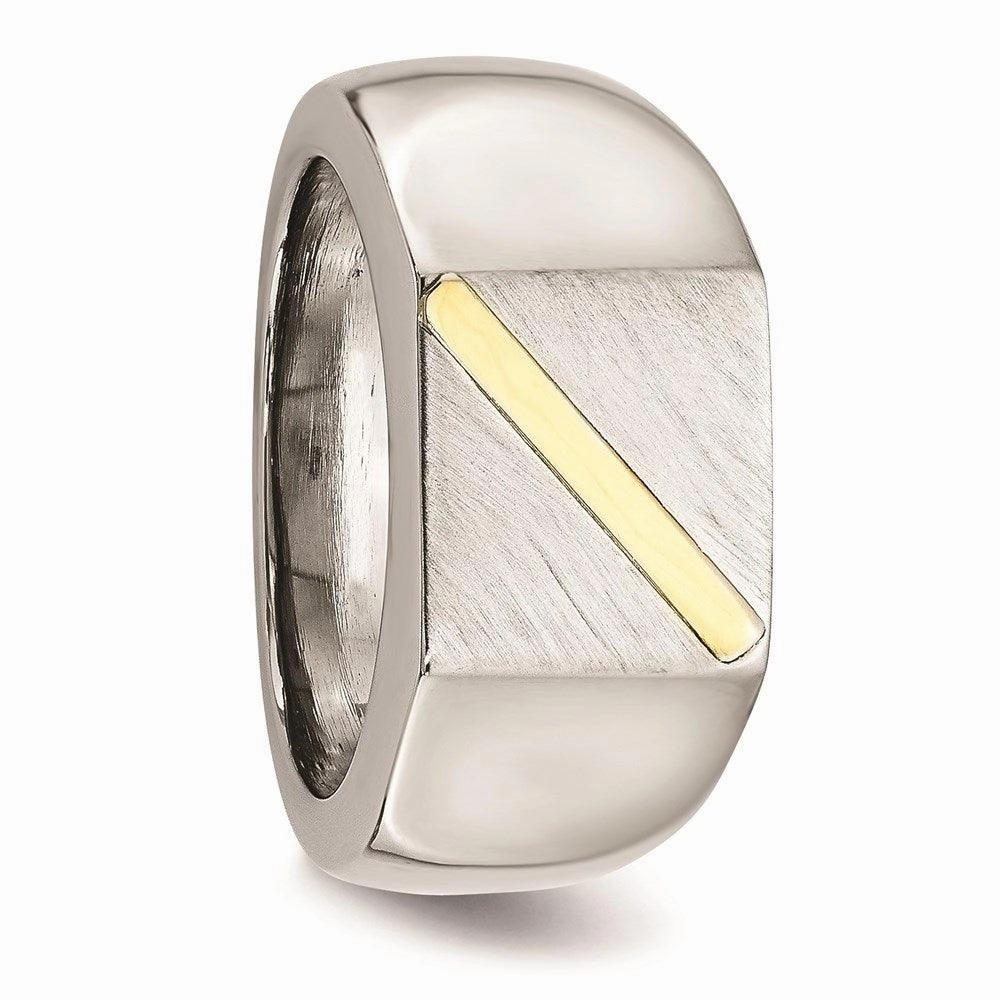 Stainless Steel Brushed and Polished with 14K Gold Stripe Signet Ring