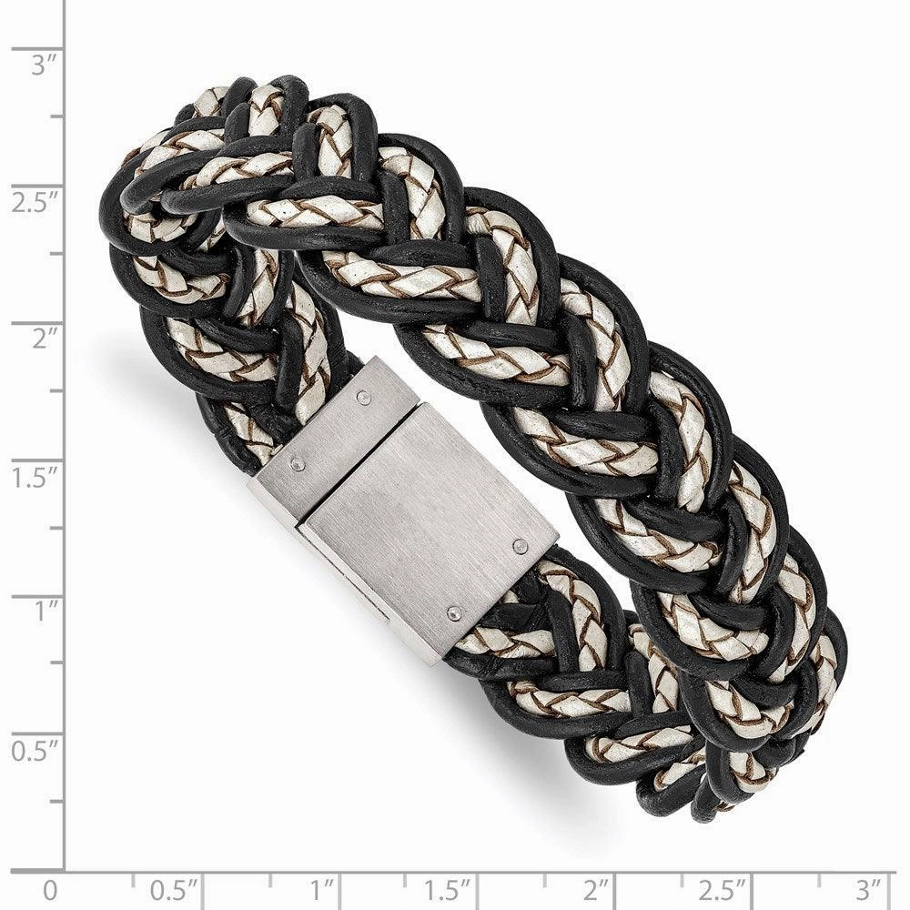 Stainless Steel Brushed Black and Cream Woven Leather Bracelet