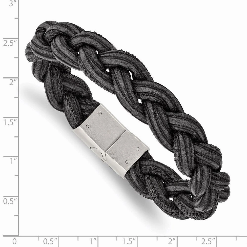 Stainless Steel Brushed Black Braided Faux Leather 8.25in Bracelet