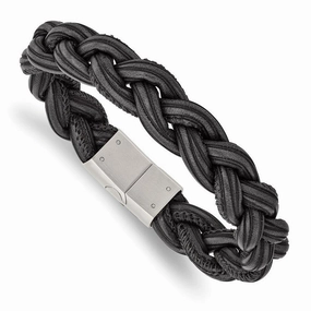 Stainless Steel Brushed Black Braided Faux Leather 8.25in Bracelet