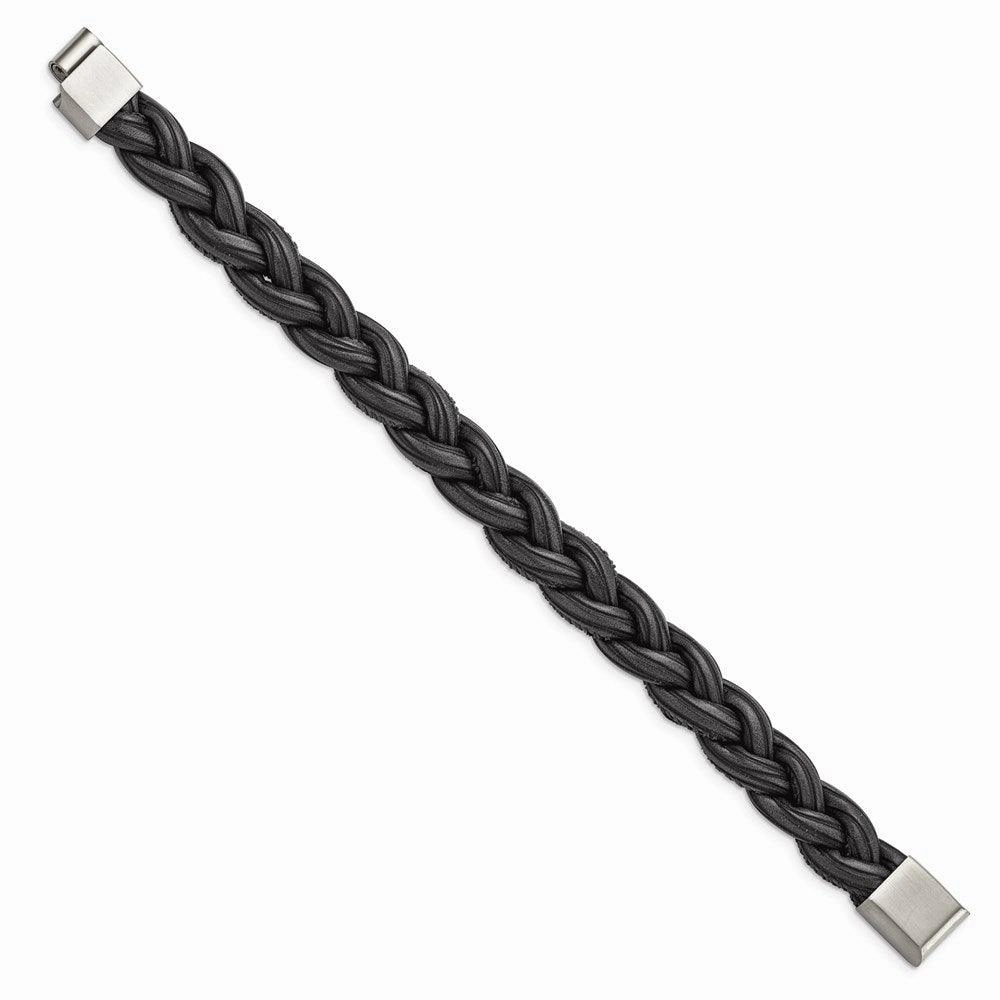 Stainless Steel Brushed Black Braided Faux Leather 8.25in Bracelet