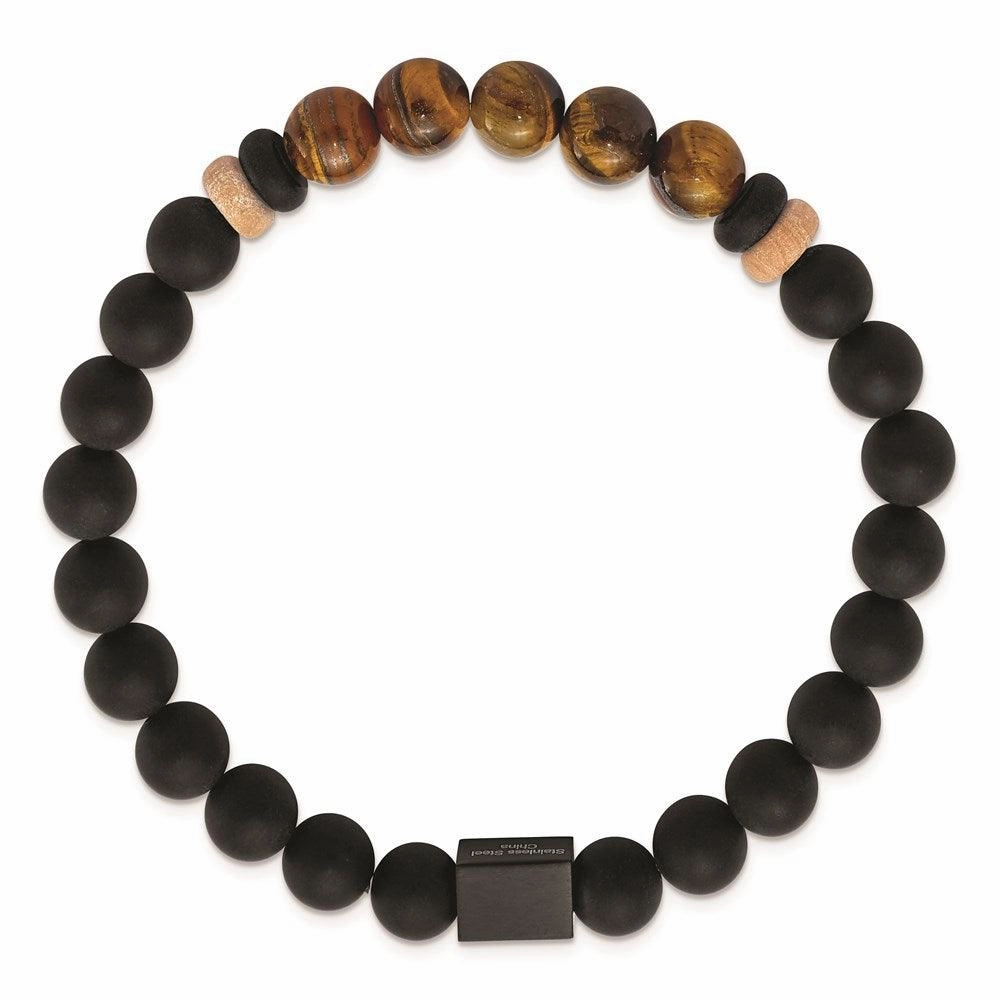 Stainless Steel Brushed Black IP Black Agate/Tiger's Eye Stretch Bracelet