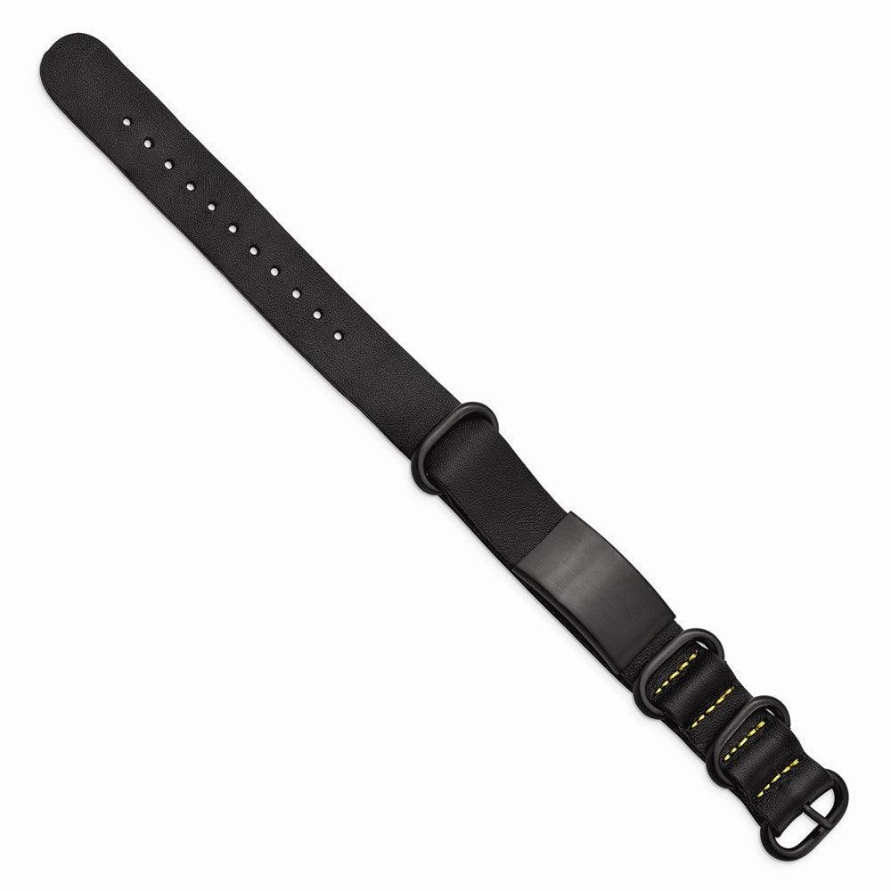 Stainless Steel Brushed Black IP Black Leather Adj. ID Bracelet