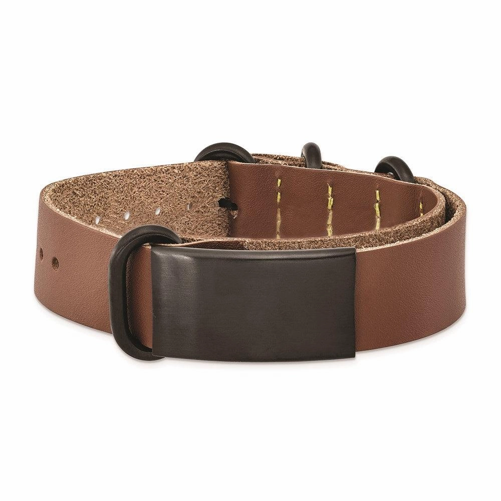 Stainless Steel Brushed Black IP Brown Leather Adj. ID Bracelet