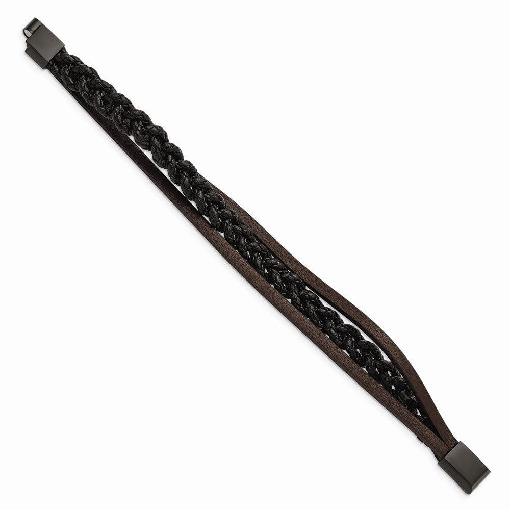 Stainless Steel Brushed Black IP Multi Strand Black/Brown Leather Bracelet
