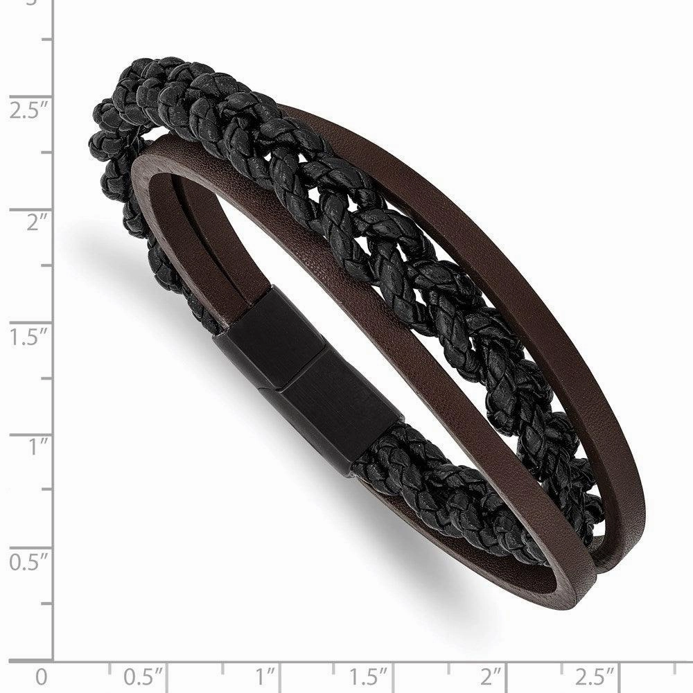 Stainless Steel Brushed Black IP Multi Strand Black/Brown Leather Bracelet