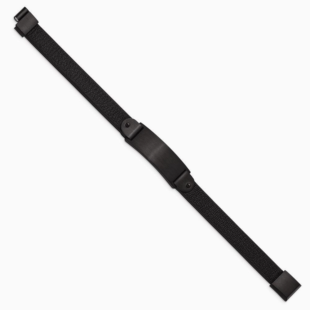 Stainless Steel Brushed Black IP-plated Black Leather 8.5in ID Bracelet