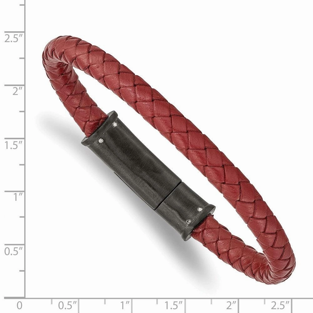Stainless Steel Brushed Black IP-plated Red Leather 8.5in Bracelet
