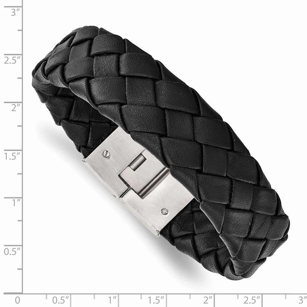 Stainless Steel Brushed Black Leather 8.5 in Bracelet