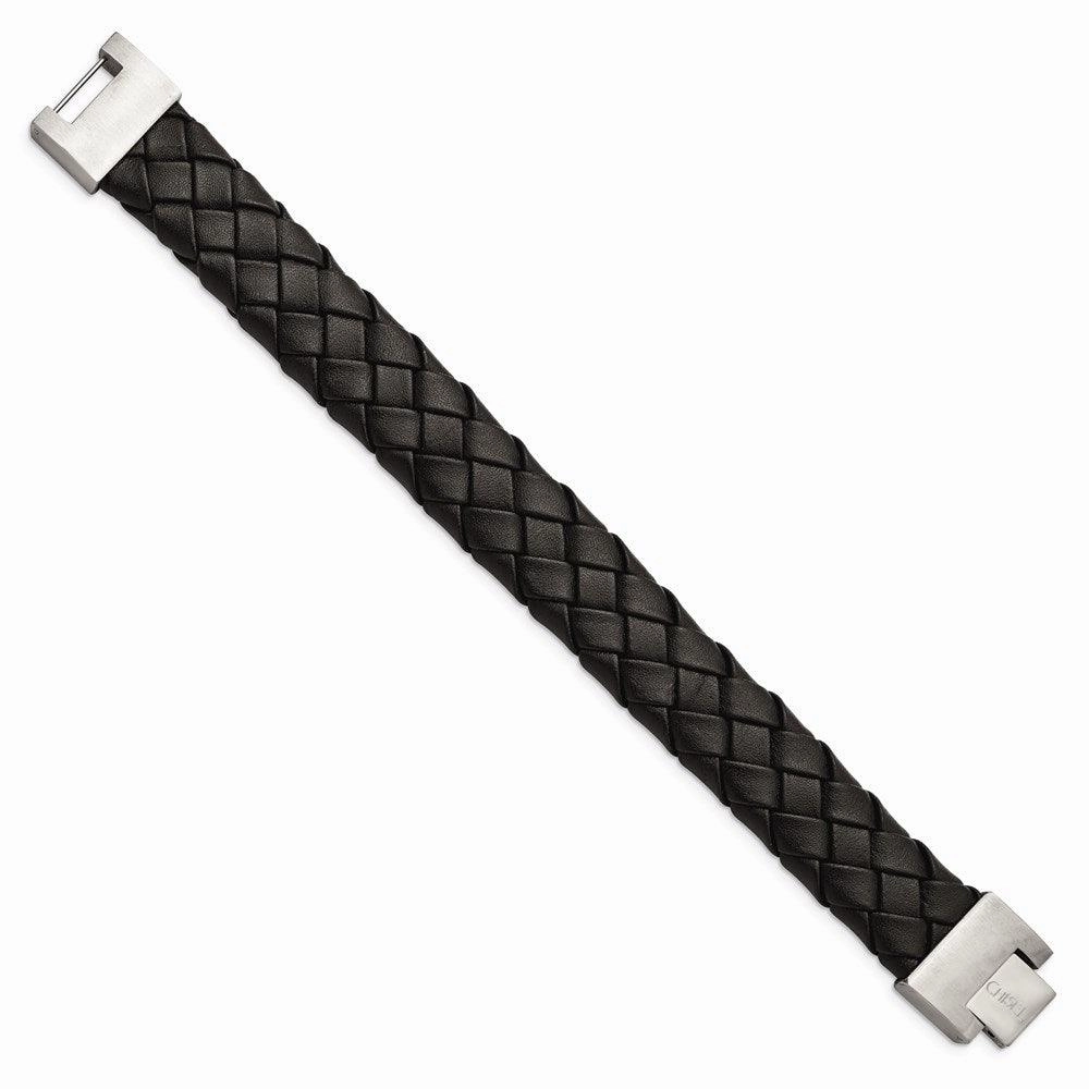 Stainless Steel Brushed Black Leather 8.5 in Bracelet