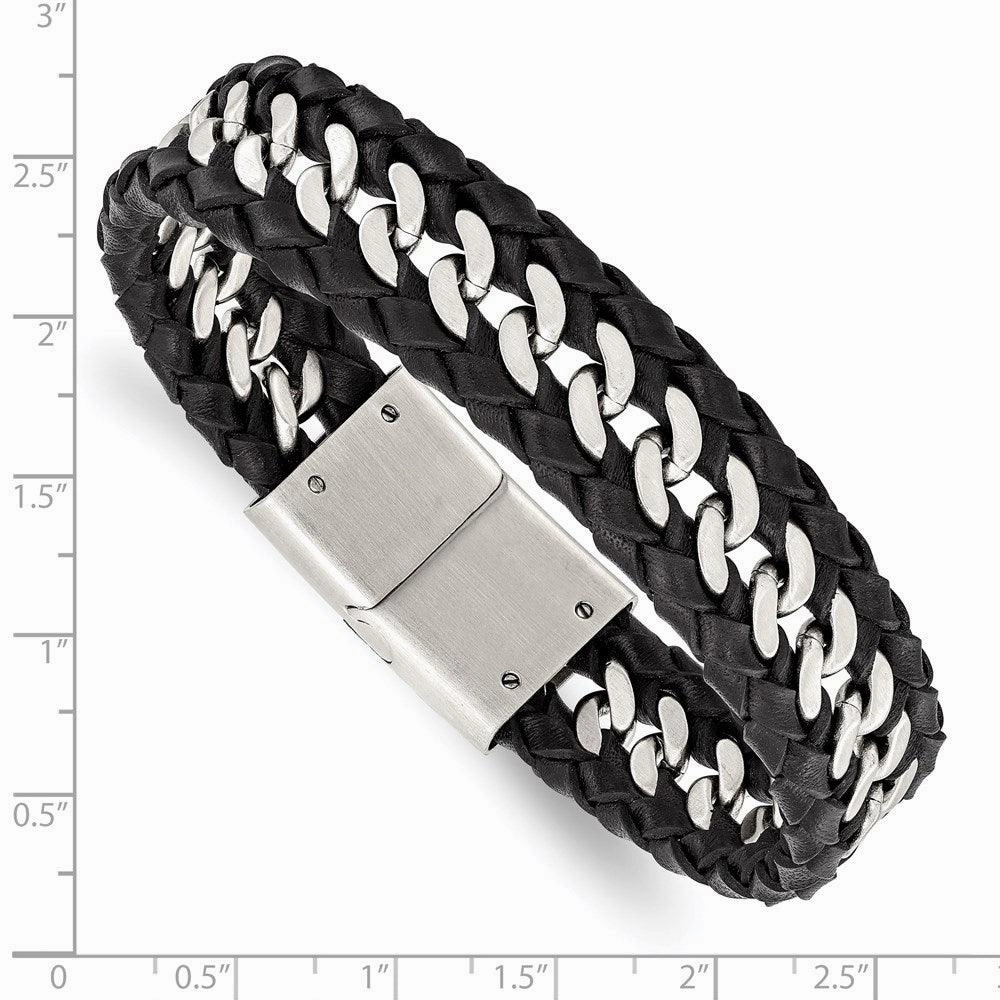 Stainless Steel Brushed Black Leather Bracelet