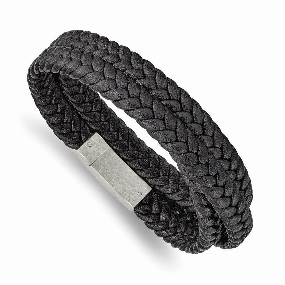 Stainless Steel Brushed Black Leather Braided 23in Wrap Bracelet