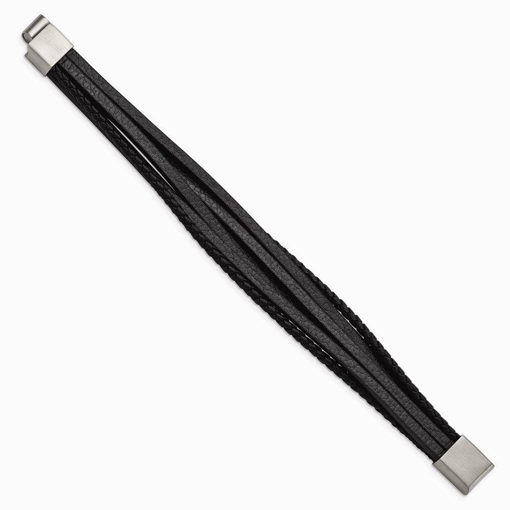Stainless Steel Brushed Black Leather Multi Strand 8in Bracelet