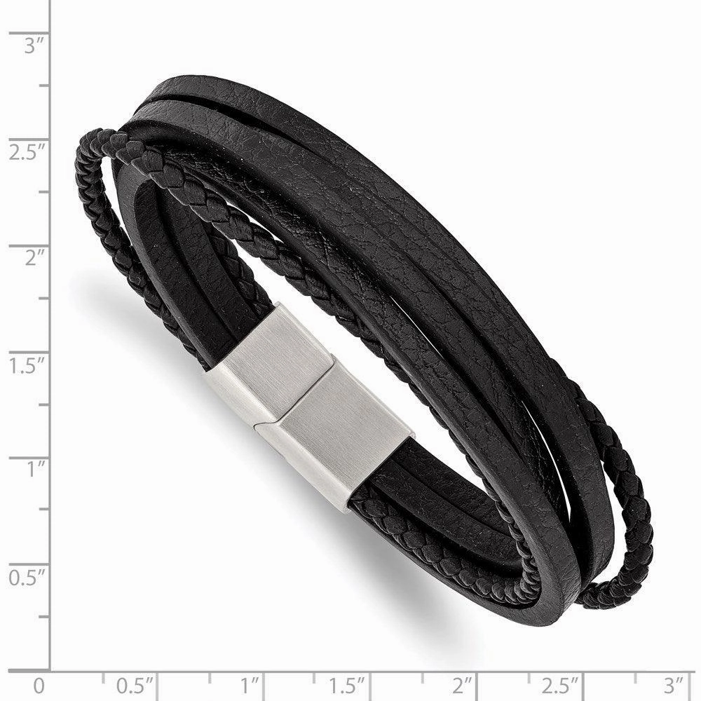 Stainless Steel Brushed Black Leather Multi Strand 8in Bracelet