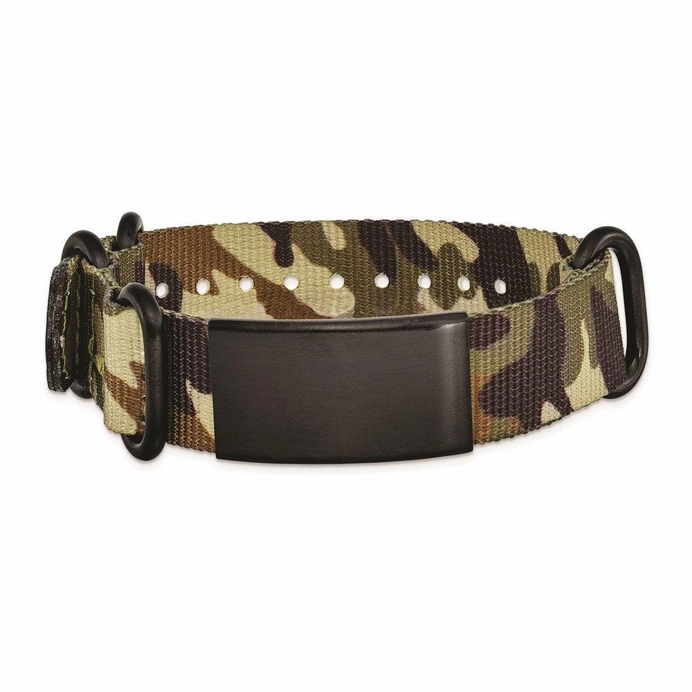 Stainless Steel Brushed Blk IP Brown Camo Fabric Adjustable ID Bracelet