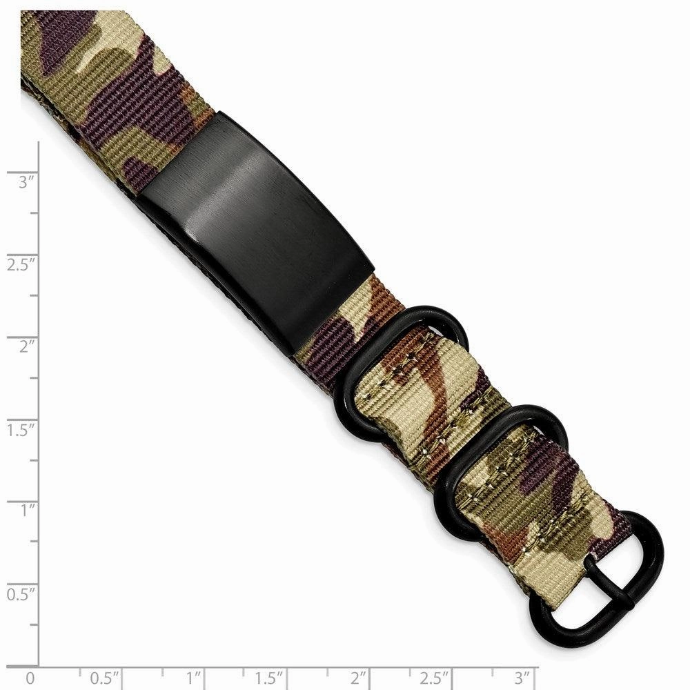 Stainless Steel Brushed Blk IP Brown Camo Fabric Adjustable ID Bracelet