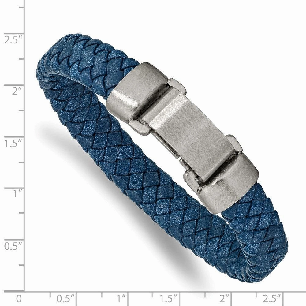 Stainless Steel Brushed Blue Leather 8.25in Bracelet