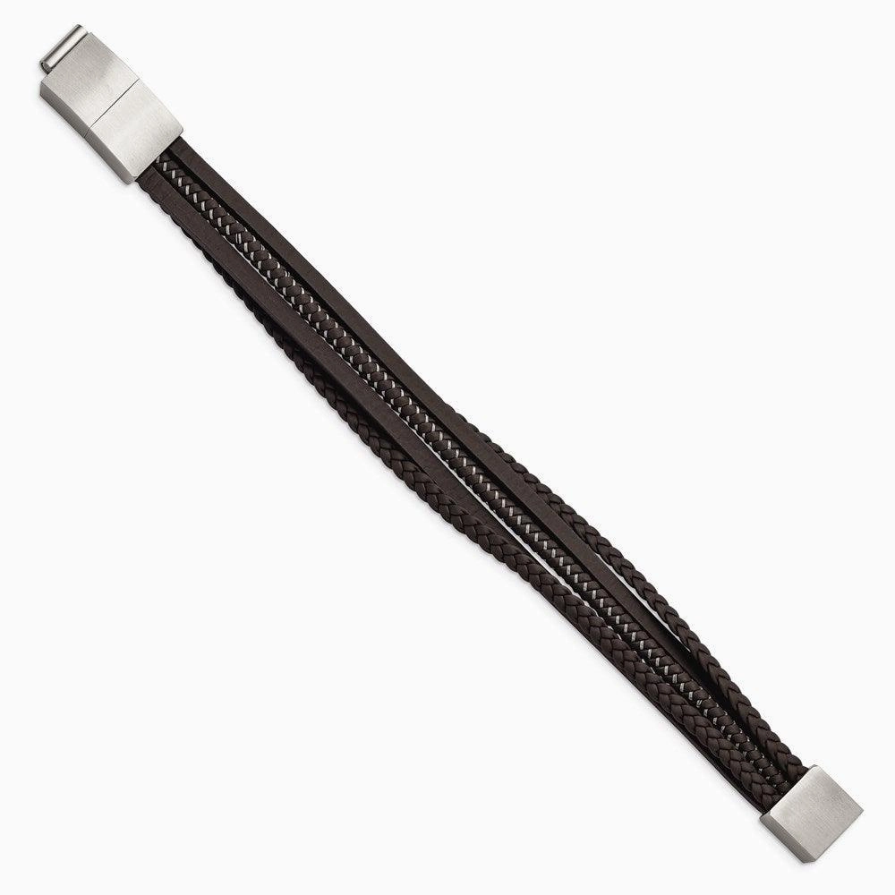 Stainless Steel Brushed Brown Braided Leather & Wire w/.5in ext Bracelet