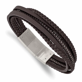 Stainless Steel Brushed Brown Braided Leather & Wire w/.5in ext Bracelet