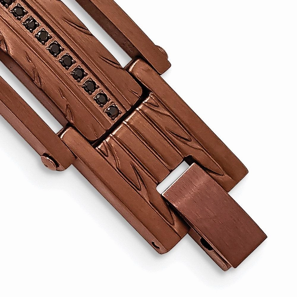 Stainless Steel Brushed Brown IP w/ Black CZ Textured Bracelet