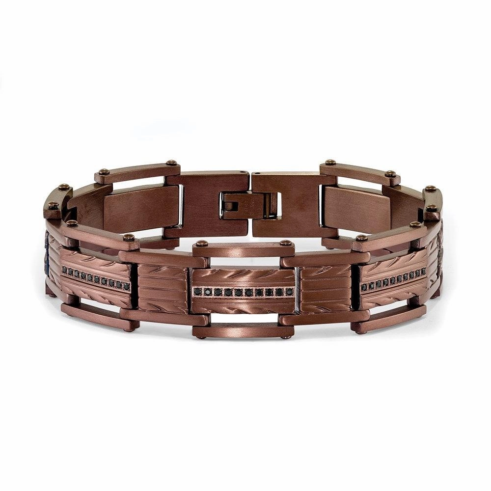Stainless Steel Brushed Brown IP w/ Black CZ Textured Bracelet