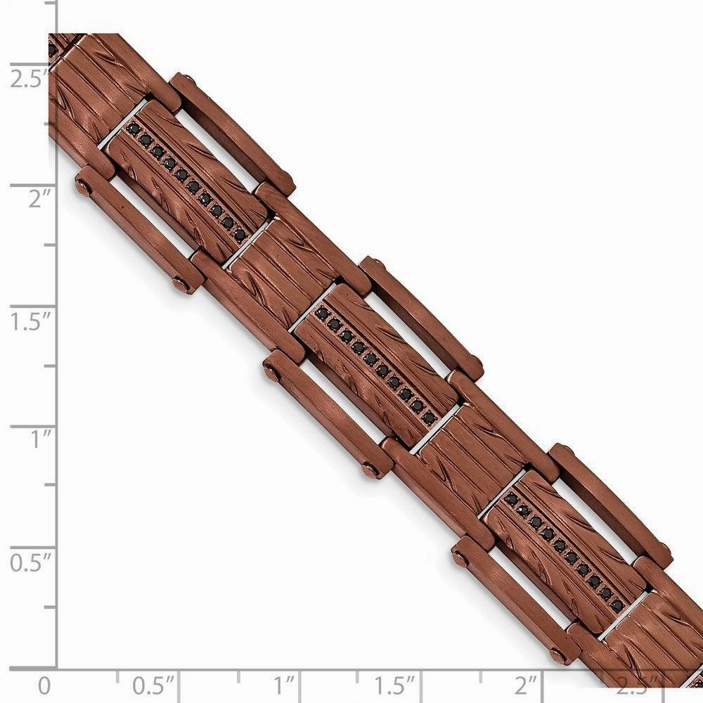 Stainless Steel Brushed Brown IP w/ Black CZ Textured Bracelet