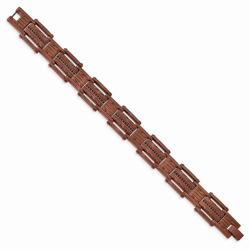 Stainless Steel Brushed Brown IP w/ Black CZ Textured Bracelet