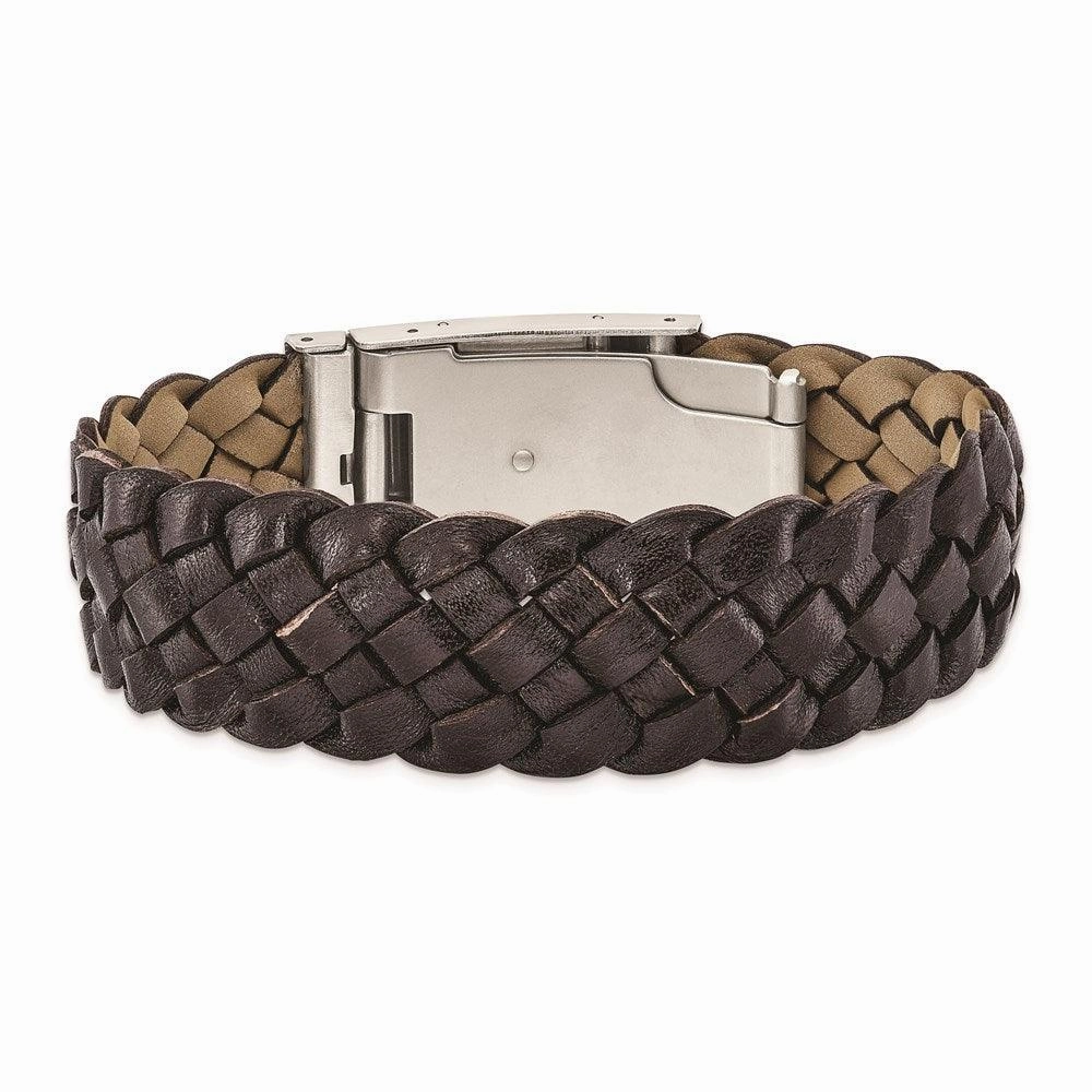 Stainless Steel Brushed Brown Leather Bracelet