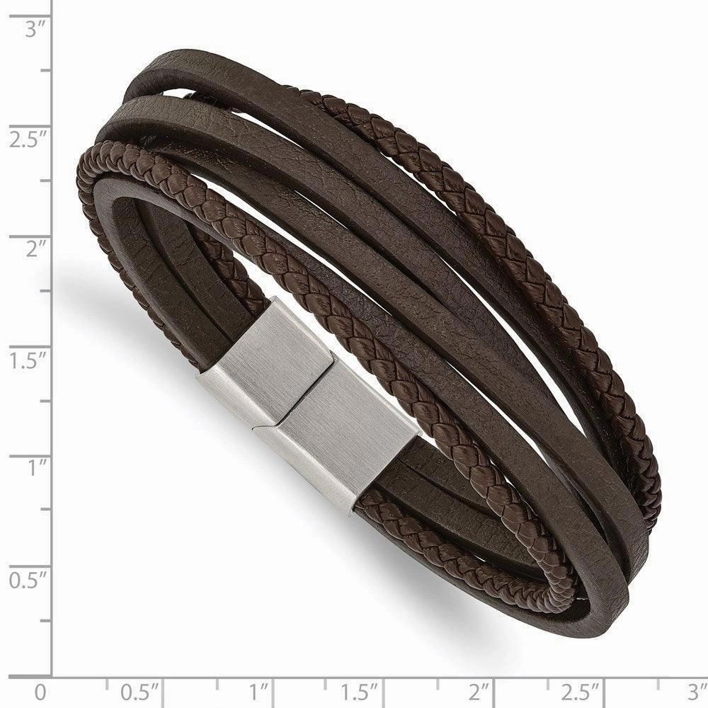 Stainless Steel Brushed Brown Leather Multi Strand 8in Bracelet