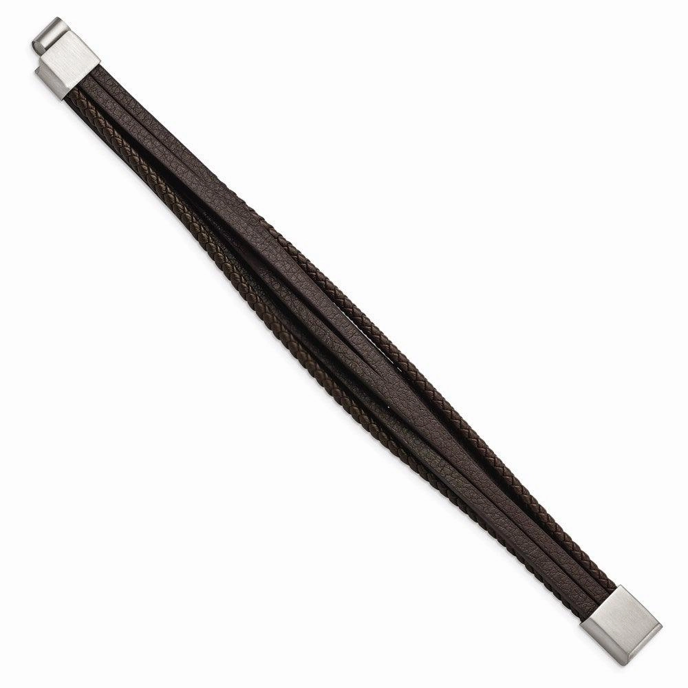 Stainless Steel Brushed Brown Leather Multi Strand 8in Bracelet