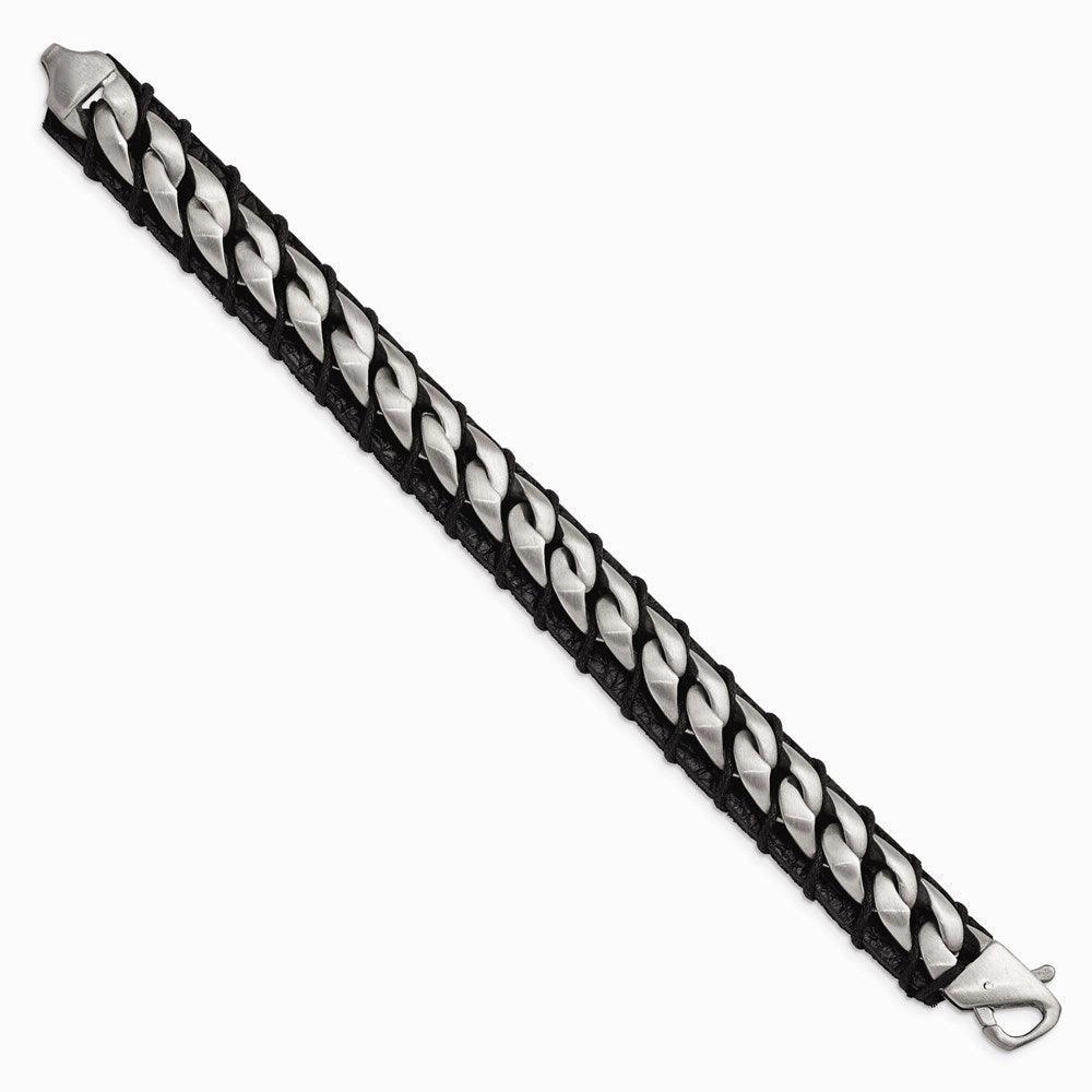 Stainless Steel Brushed Chain and Black Leather 8.5in Bracelet