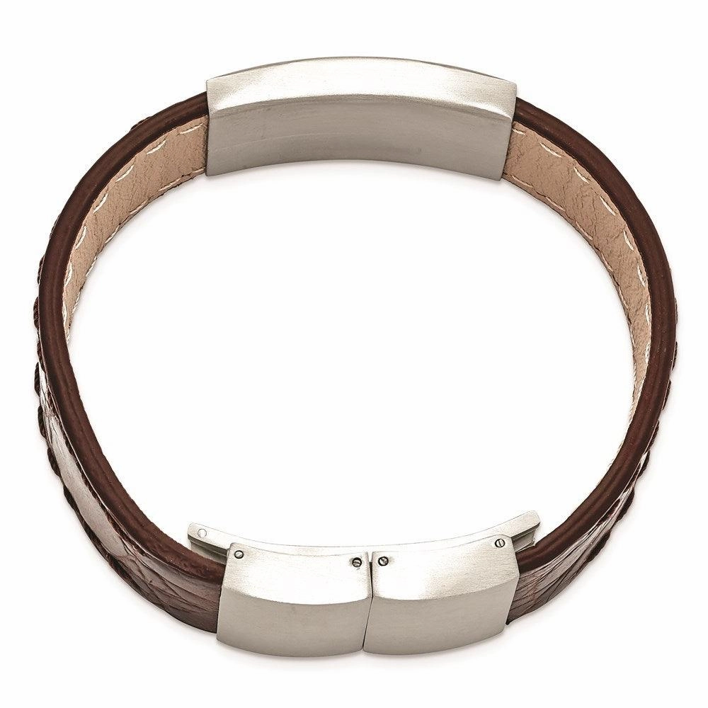 Stainless Steel Brushed Dark Brown Leather ID Bracelet