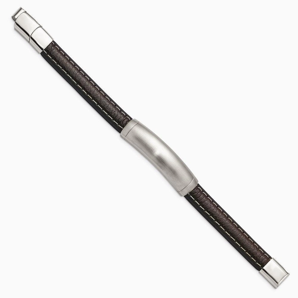 Stainless Steel Brushed Dark Brown Leather w/.5in ext 8in ID Bracelet