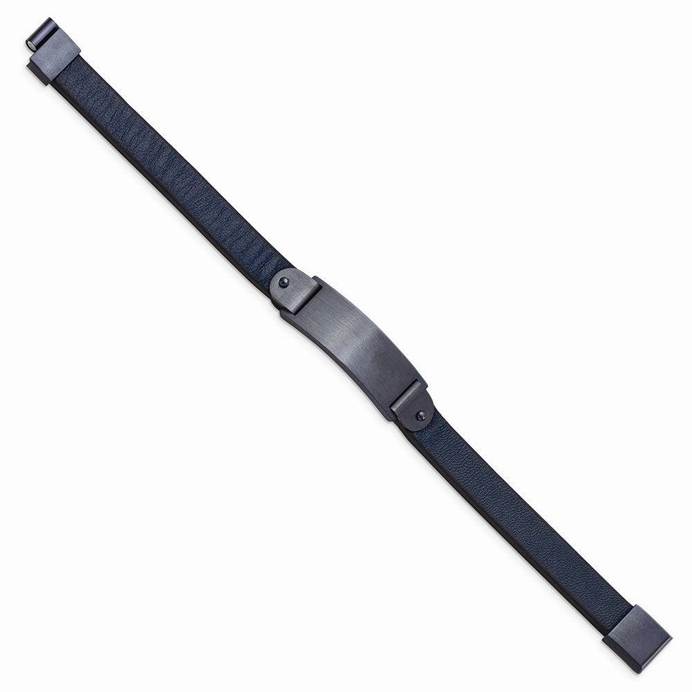 Stainless Steel Brushed Dark Grey IP-plated Blue Leather 8.5in ID Bracelet