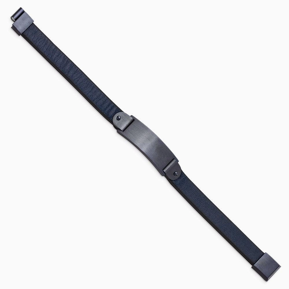 Stainless Steel Brushed Dark Grey IP-plated Blue Leather 8.5in ID Bracelet