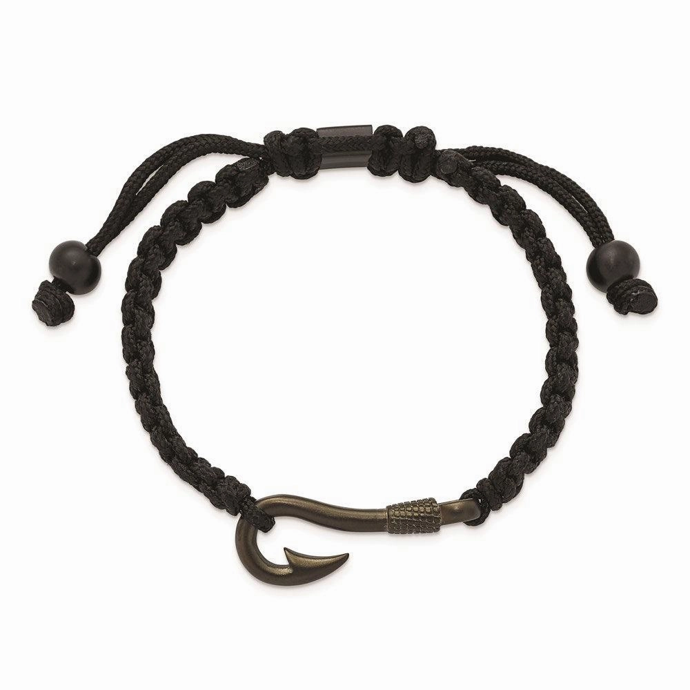Stainless Steel Brushed Gun Metal IP Fishing Hook Black Nylon Adj Bracelet