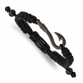 Stainless Steel Brushed Gun Metal IP Fishing Hook Black Nylon Adj Bracelet