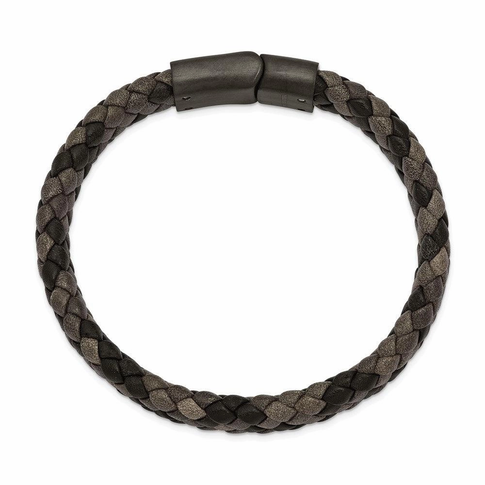 Stainless Steel Brushed Gun Metal IP-plated Brown Leather 8.25in Bracelet