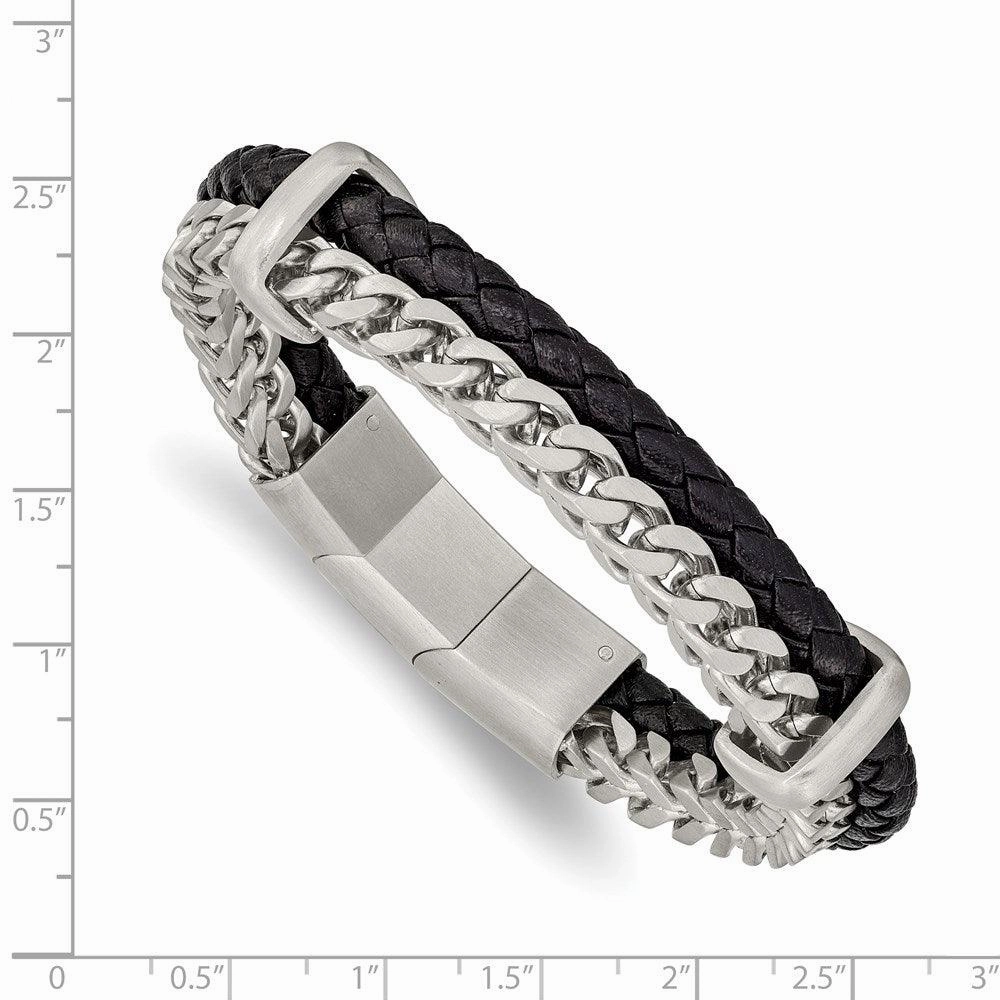 Stainless Steel Brushed Leather and Chain 8in w/.5in ext. Bracelet
